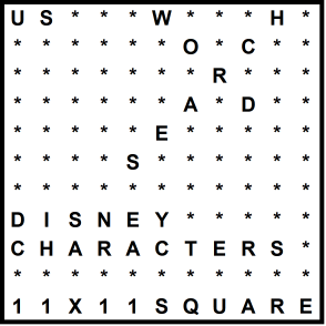 American 11x11 Wordsearch puzzle no.330 - Disney characters